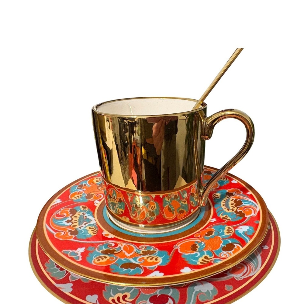 Dunhuang Gold Plated Bone China Coffee Cup Saucer Spoon Set Traditional Floral